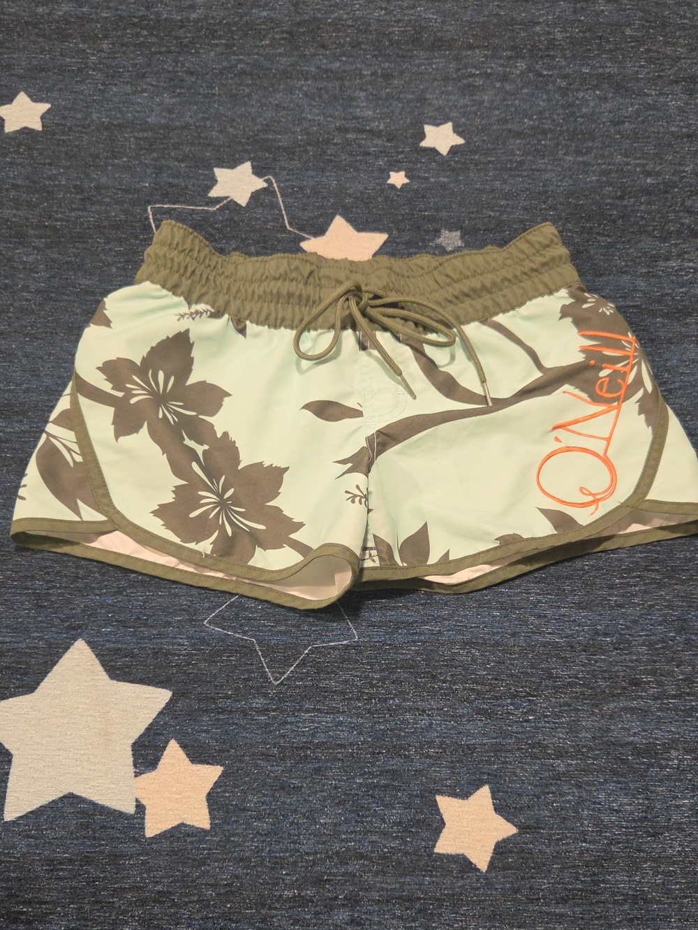 O'Neill Mint Floral Bermuda Shorts with Olive Waist and Orange Logo